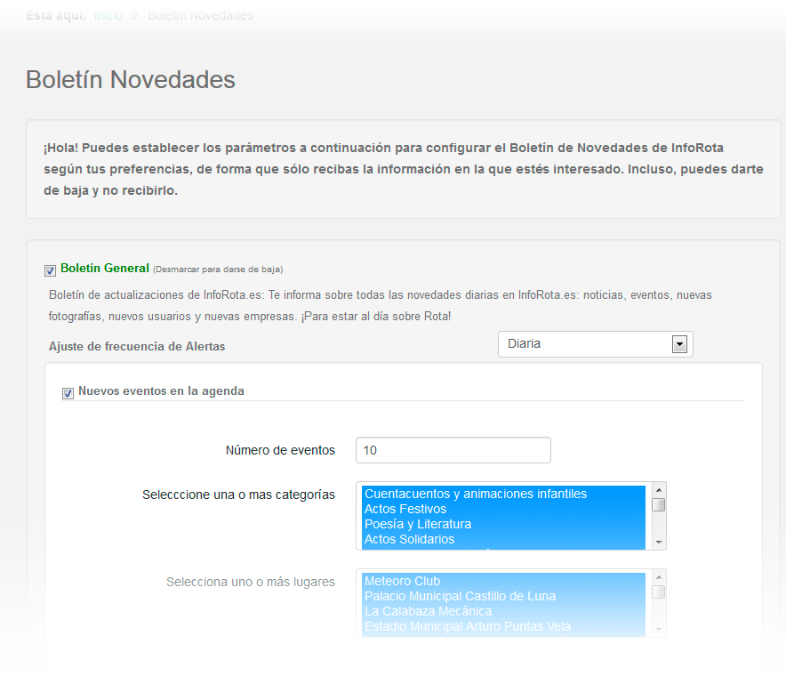 Configuración el Boletín de Novedades