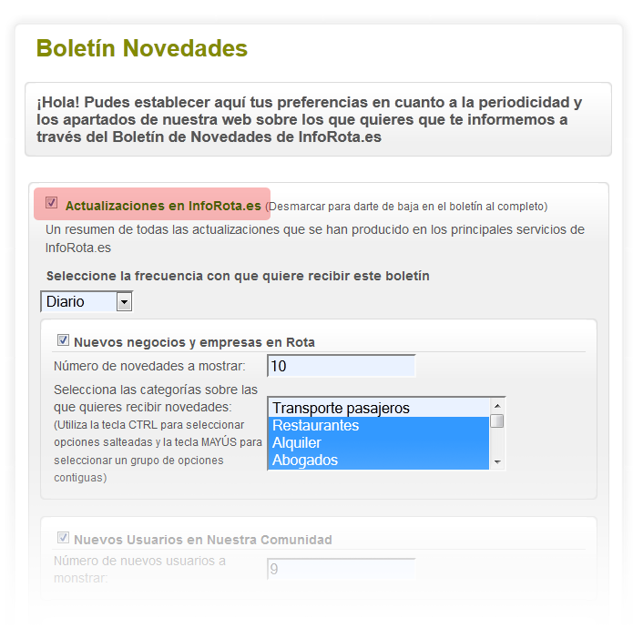 Boletín de Novedades en el Menú de Usuarios